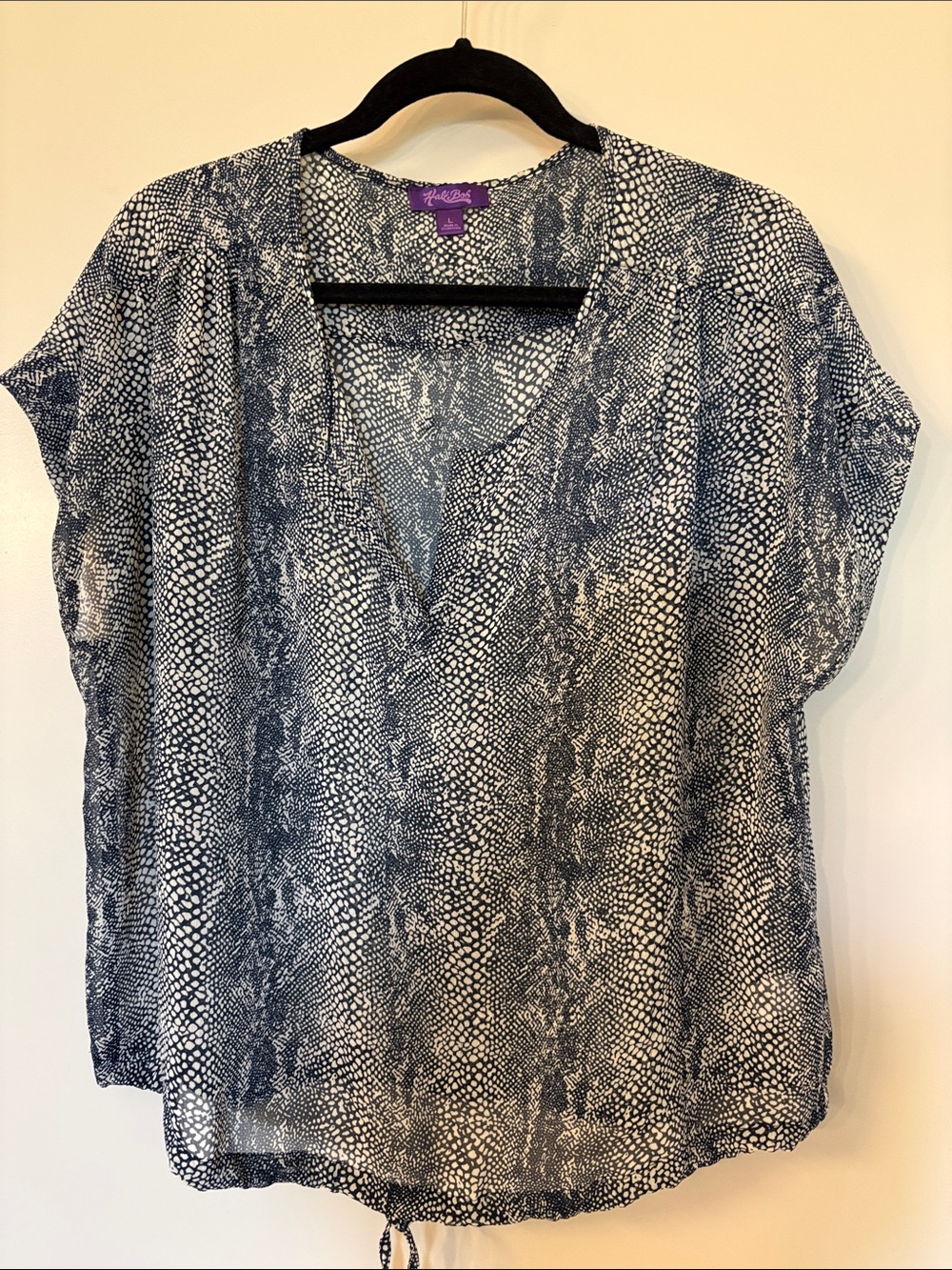 Hale Bob Navy and White Snake-Print V-Neck Blouse with Drawstring Hem